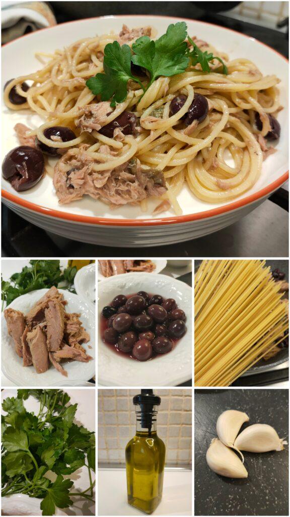 Ready tuna and black olive spaghetti with basic ingredients
