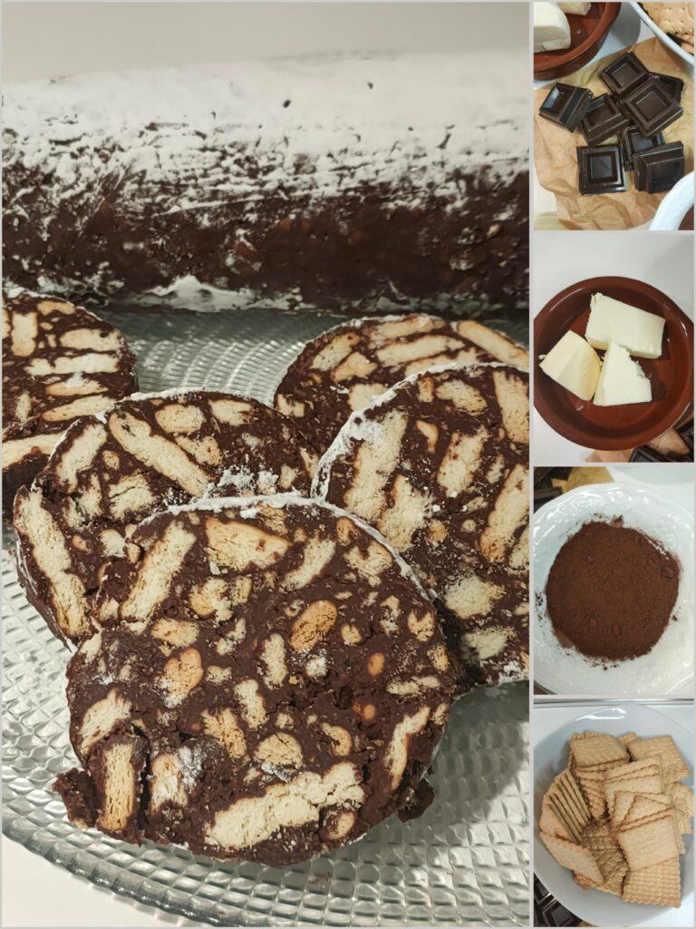 Salame al cioccolato senza uova pronto da servire a fette