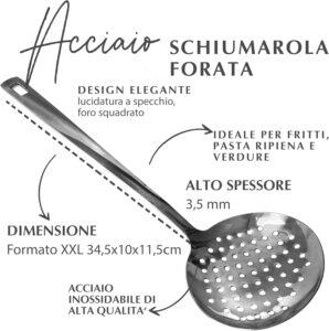 Fackelmann Schiumarola, in acciaio inossidabile, ad alto spessore lucido, ideale per fritti, pasta fresca e ripiena, lavabile in lavastoviglie.