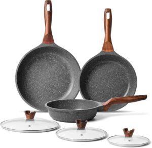 Set di padelle con manico e coperchi, resistente al calore In granito 20cm 24cm 28cm