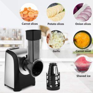 Grattugia Elettrica Professionale 5-in-1, 150W Affettaverdure Multifunzione con Tamburi in Acciaio Inox per Carote, Patate, Formaggio, Frutta e Insalata