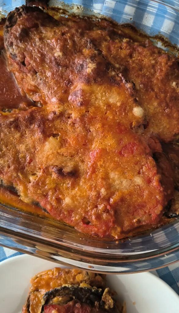 aubergine parmigiana just out of the oven with a golden, gratinated surface
