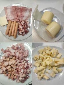 Tagliare a cubetti formaggi prosciutto