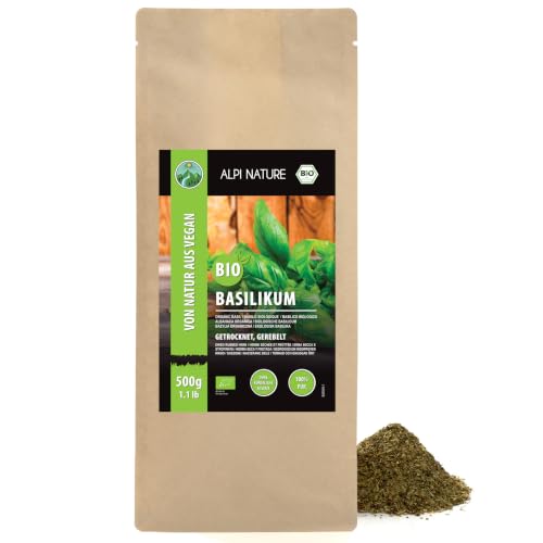 Alpi Nature Basilico BIO Essiccato 500g, Foglie di Basilico Strofinate, Condimento Italiano