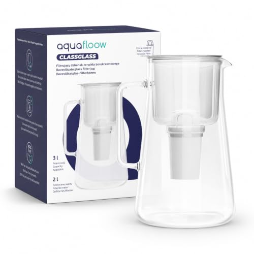Aquafloow Caraffa filtrante vetro, borosilicato 3L, senza BPA, Caraffa premium, lavabile in...