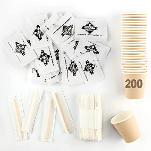 Kit Caffè | 200 Bustine Zucchero, 200 Bicchierini Carta, 200 Palette Legno
